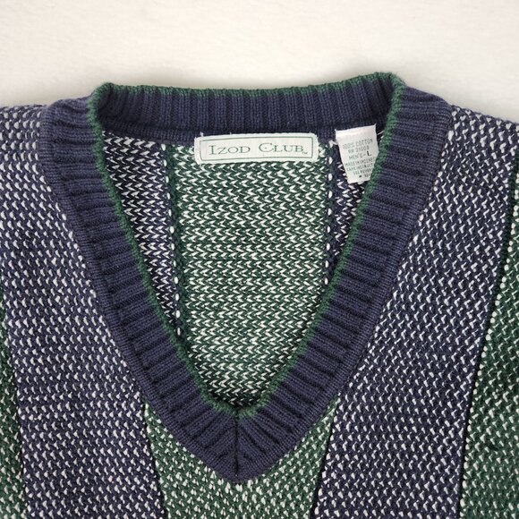 Izod Club Mens V Neck Sweater Size L Green Blue - Picture 4 of 8